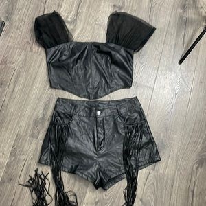 Womens Fashion Stylish High Waist Leather Bodycon Tassels Hot Shorts and top